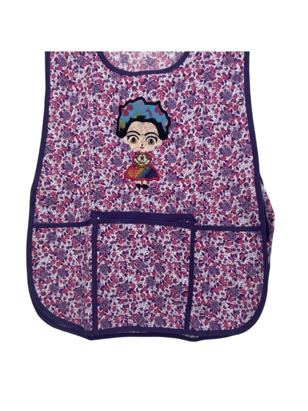 Floral Kitchen Apron With Frida Embroidery & Pockets Purple & Pink Adjustable Ti - Picture 2 of 6